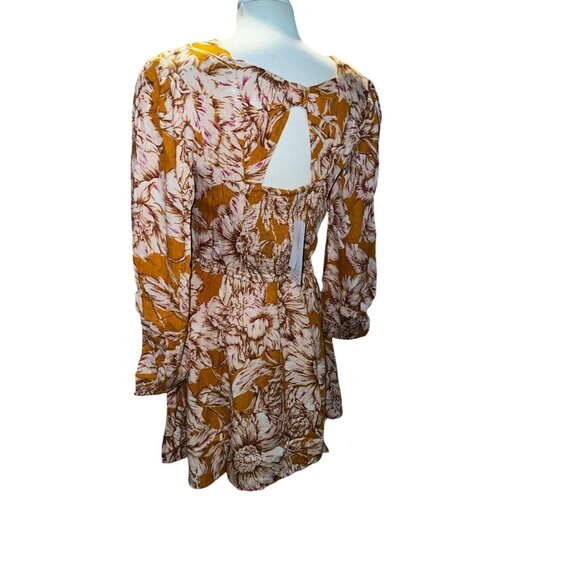 Band of the Free Floral Open Back Mini Dress Sz Medium Womens Long Sleeve Yellow - Picture 9 of 11
